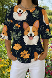 Womens Black Sunflower Corgi Print Casual Shirt
