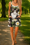 Women’s Black White Cat Daisy Print Casual Cotton Wide Leg Romper