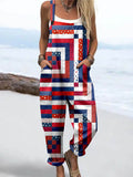 Wome'S Vintage Independence Day Stripes Pattern Print Casual Cotton Wide Leg Jumpsuit
