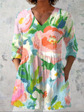 Women's Floral Art Print Casual Cotton And Linen 3/4 Sleeve Shirt