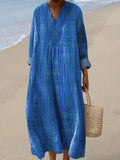 Women's Blue Stripes Art Print Casual Cotton And Linen 3/4 Sleeve Shirt