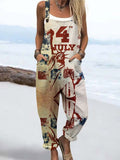 Wome's Vintage  July 4th Statue Of Liberty Pattern Print Casual Cotton Wide Leg Jumpsuit