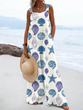 Women's Shell Texture Pattern Loose Linen Material Jumpsuits