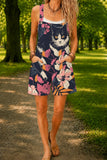 Women’s Navy Pink Floral Cat Print Casual Cotton Wide Leg Romper
