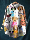 Women's Colorful Fun Cartoon Puppy Print Casual Cotton And Linen Shirt RB002
