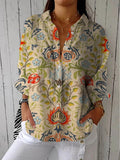 Women's Vintage Floral Art Print Casual Cotton Linen Shirt