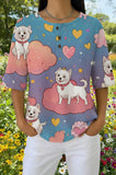 Womens Blue and Pink Cartoon Dog Heart Print Casual Shirt