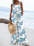 Women's Ocean Sea Turtle Split Joint Square Collar Loose Linen Material Jumpsuits