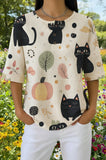 Womens White Halloween Cat Pumpkin Print Casual Shirt