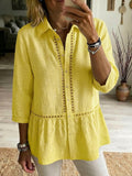 Effortless Bohemian Linen Blend Top with Delicate Hollow-Out Detail