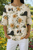 Womens Cream Sunflower Cat Print Casual Henley Shirt