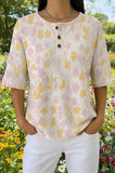 Womens Soft Pastel Floral Print Casual Waffle Cotton Shirt