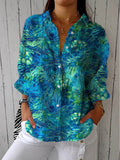 Women's Peacock Feather Pattern Art Print Casual Cotton Linen V-neck Shirt