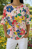 Womens Colorful Garden Floral Print Casual Waffle Cotton Shirt
