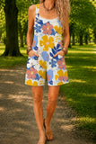Women’s Yellow Blue Floral Print Casual Cotton Wide Leg Romper