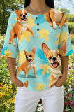 Womens Teal Tropical Leaf Corgi Print Casual Shirt