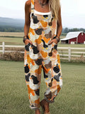 Women's Farm Chicken Pattern Casual Cotton Wide Leg Jumpsuit