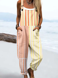 Wome'S Holiday Style Irregular Vertical Stripes Print Casual Cotton Wide Leg Jumpsuit