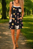 Women’s Black Small Cat Print Casual Cotton Wide Leg Romper