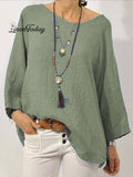 Women's Solid Colour Cotton And Linen Round Neck Ninth Sleeve Blouse