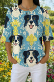 Womens Blue Plaid Border Collie Print Casual Shirt
