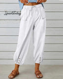 High-waisted Buttoned Cotton and Linen Pants Cropped Pants
