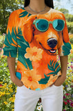 Womens Orange Sunflower Dog Print Casual Waffle Cotton Shirt