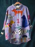 Women's Dog Art Print Casual Cotton And Linen Shirt