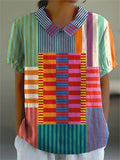 Women's Abstract Geometric Pattern Art Print Casual Cotton And Linen Shirt