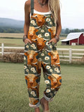 Women's Highland Cow Print Casual Cotton Wide Leg Jumpsuit