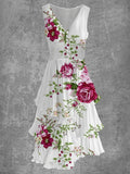 Elegant Floral Print Sleeveless V Neck Vintage Midi Dress