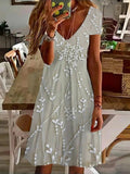Vintage Leaf Print V-neck Short Sleeve Mini Dress