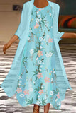 Casual Floral Print 3/4 Sleeves Crew Neck Comfy Two Piece Jacket Maxi Dress