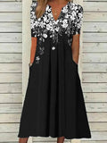 Vintage Floral V-neck Pockets Short Sleeve Ruched Comfy Maxi Dress