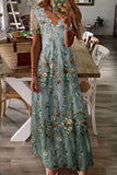 Fresh Floral Print V-Neck Short Sleeve Maxi Dress