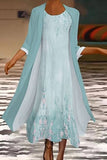 Floral Crew Neck Maxi Dress with Green 3/4 Sleeve Long Coat Two-Piece Set