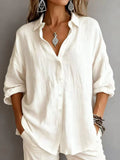 Plain Pattern Long Sleeve Cotton And Linen Polo Shirt