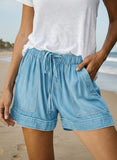 Solid Color Elastic Waist Pockets Denim Shorts