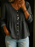 Plain V-neck Long Sleeve Buttons Denim Shirt