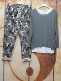 Solid Crew Neck Long Sleeve Top And Camouflage Pants Casual Two Piece Sets