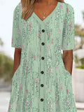 Women's Short Sleeve Summer Floral V Neck Midi Dress Casual A Line Green