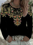 Ethnic Floral Crew Neck Long Sleeve Loose Casual T-shirt