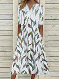 Leaf Print V-neck Half Sleeve Midi Dress
