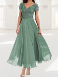 Plain Lace Chiffon V-neck Short Sleeve Comfy Maxi Dress