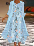 Floral Printed Round Neck Long Casual Sky Blue Two Piece Maxi Dress