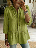 Effortless Bohemian Linen Blend Top with Delicate Hollow-Out Detail
