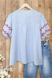 Women's Boho Puff Sleeves Striped V - Neck Red Floral Embroidery Blouse