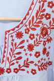 Women's Boho Puff Sleeves Striped V - Neck Red Floral Embroidery Blouse