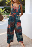 Women's Casual Patchwork Dual Pocket Loose TealBlue Floral Print Bohemian Jumpsuit
