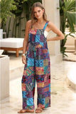Women's Casual Patchwork Dual Pocket Loose Blue Floral Print Bohemian Jumpsuit